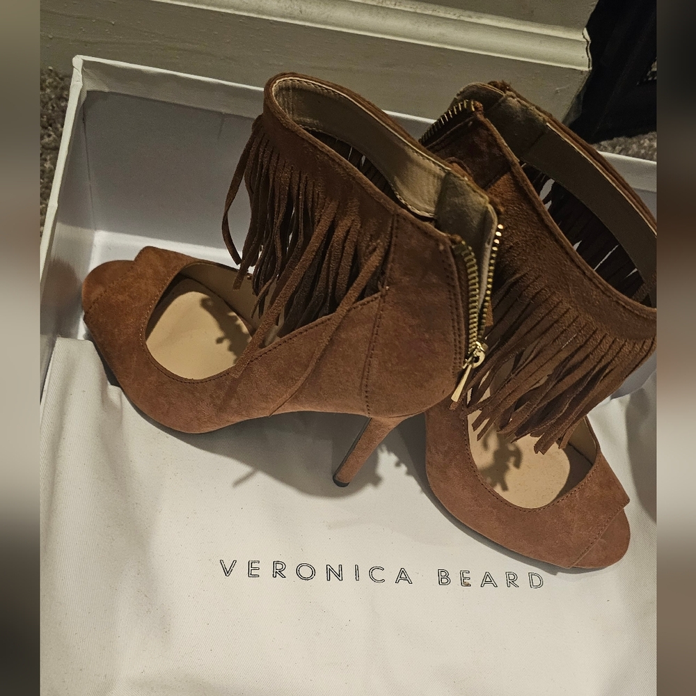 Veronica Beard Brown Suede Heels with Fringe